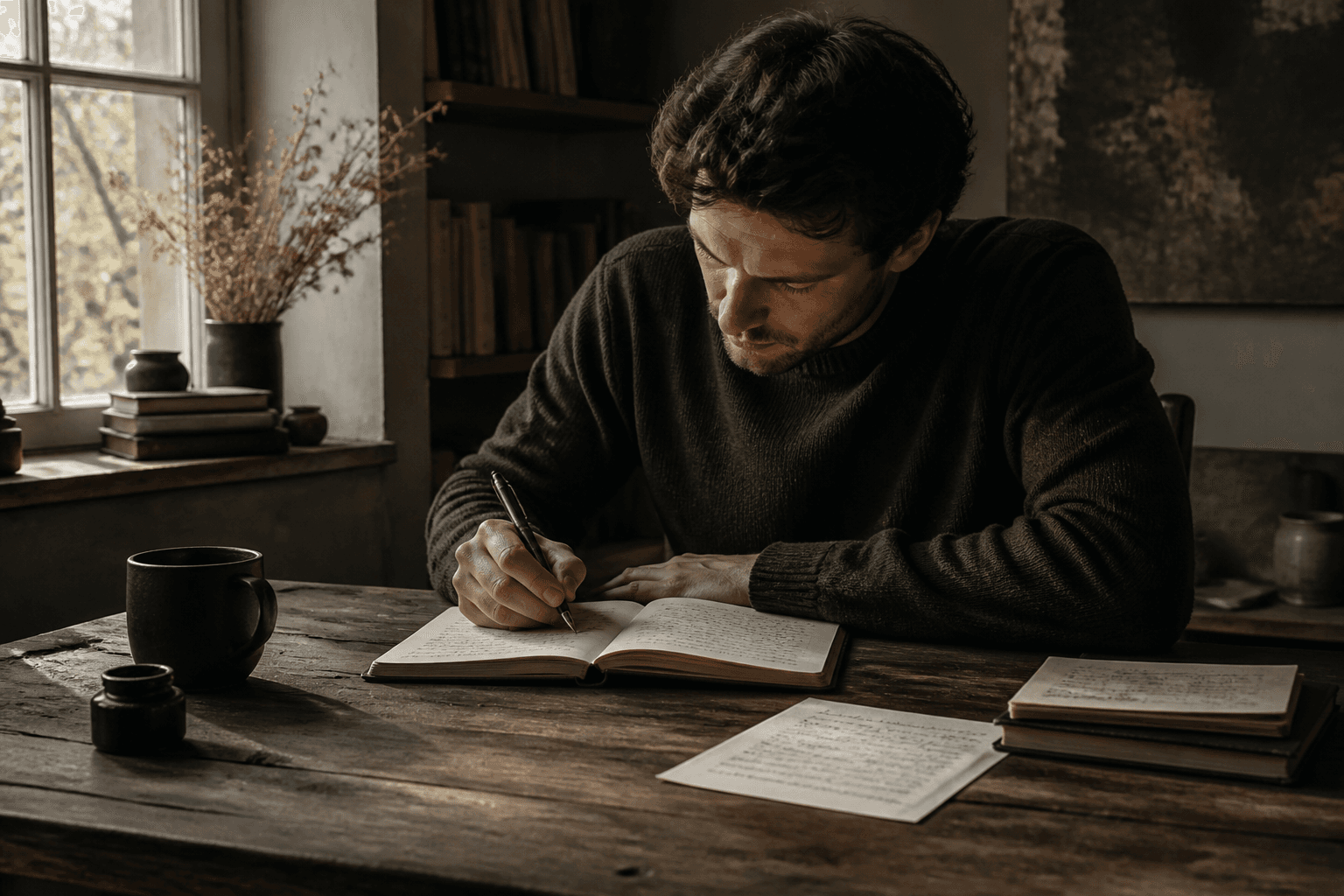 A writer in quiet concentration at a sunlit desk