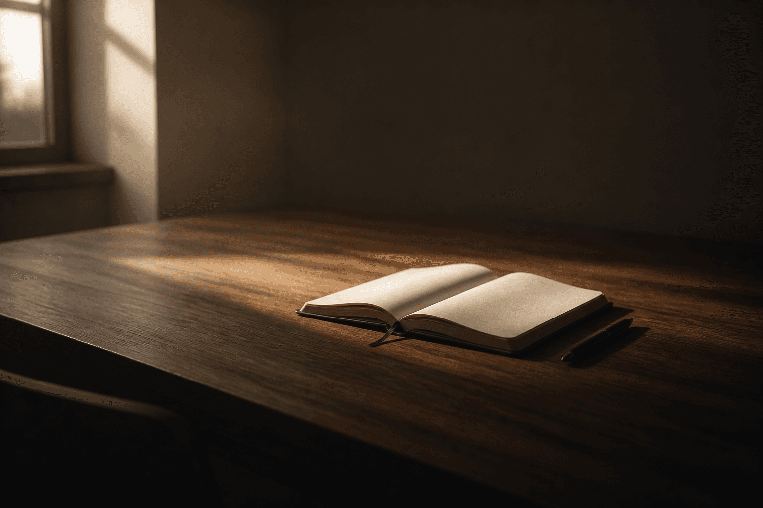 A sparse writing desk with only essentials in soft light