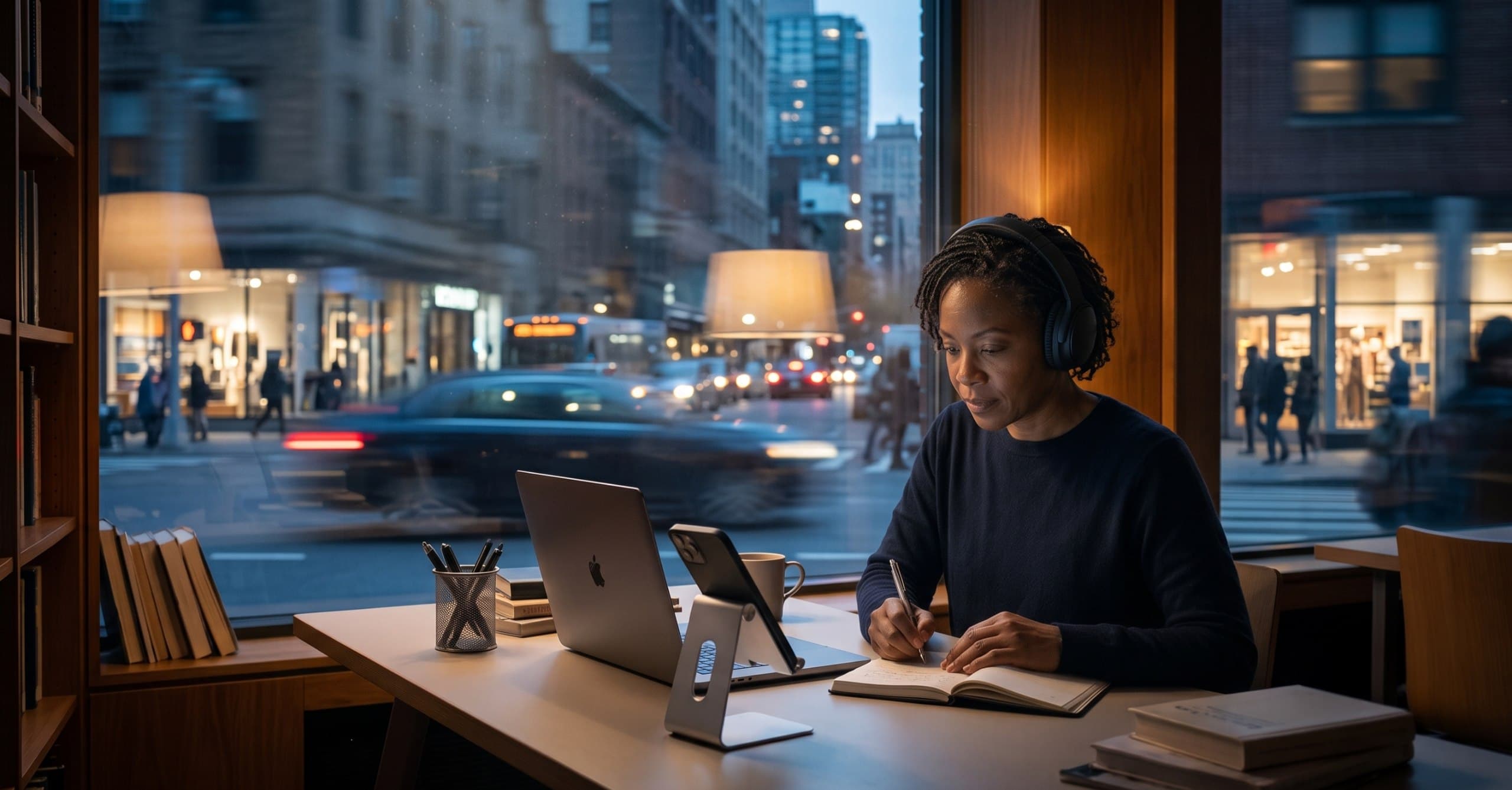 Writer focused at a desk with headphones, papers, and a city window beyond